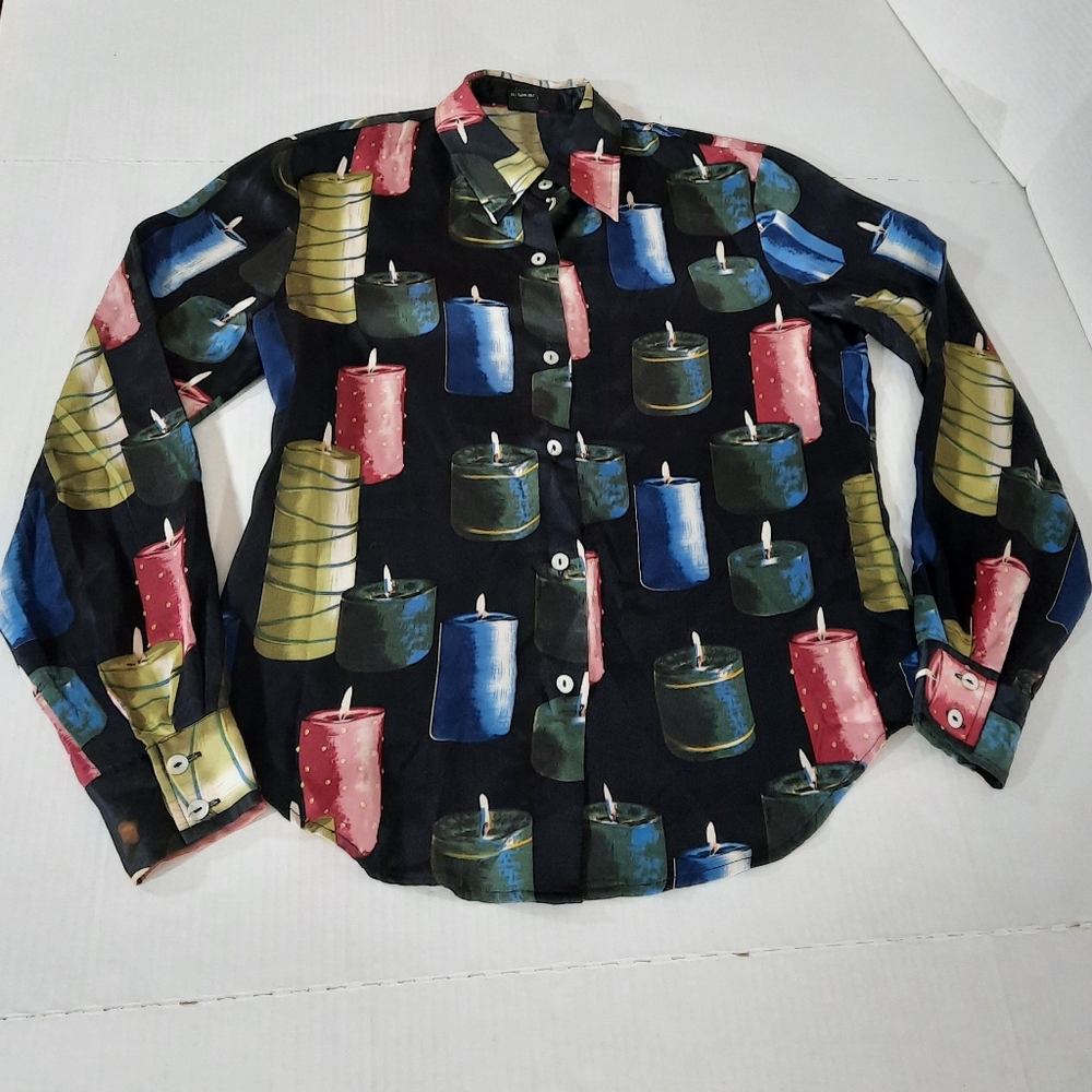 Ishyu 100% Silk Candle Print Long Sleeve Shirt